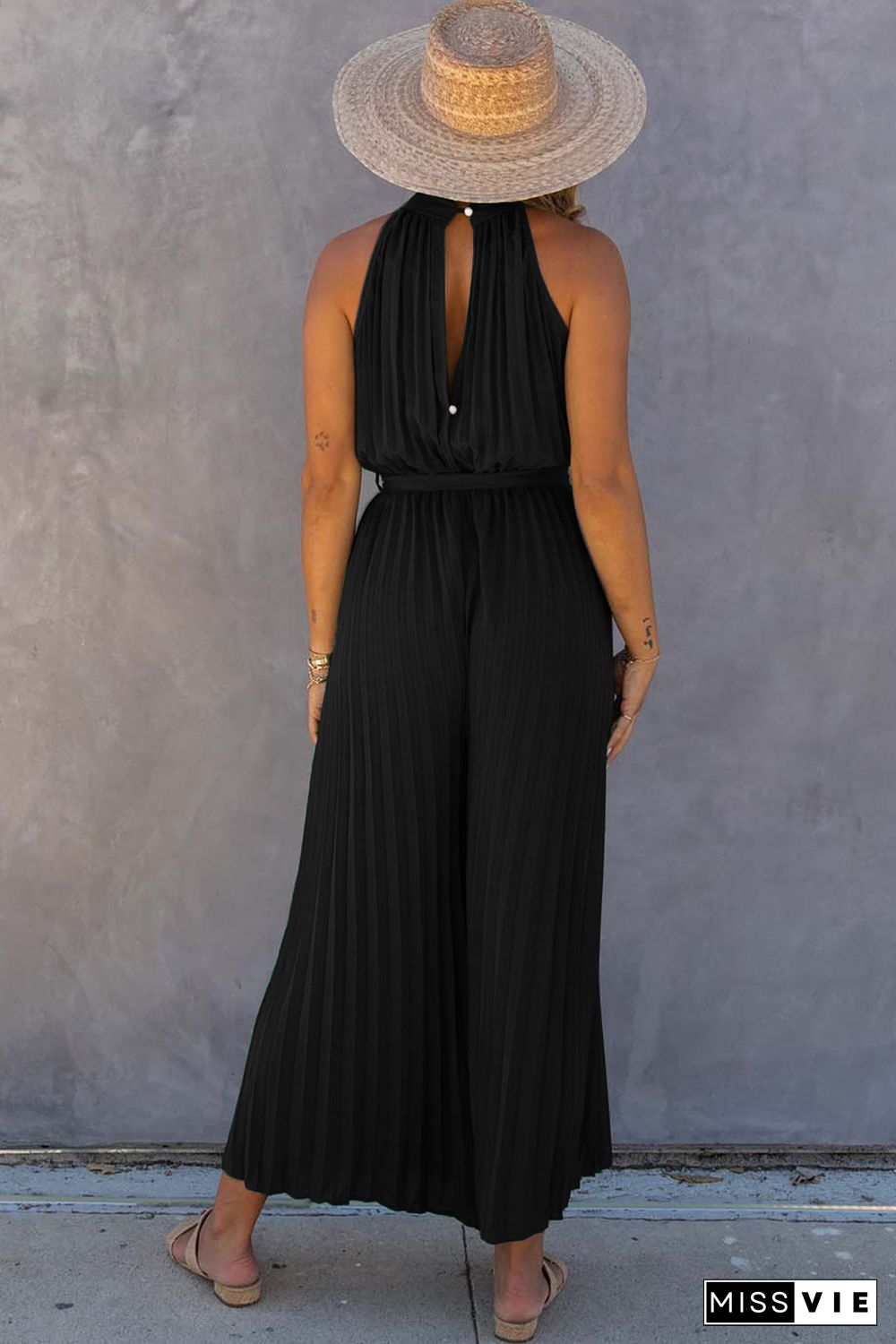 Black Halter Neck Pleated Wide Leg Jumpsuit with Belt