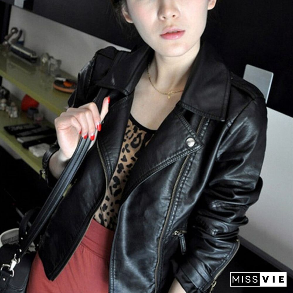 Autumn Women Black Slim Cool Lady PU Leather Jackets Sweet Female Zipper Faux Femme Outwear Coat