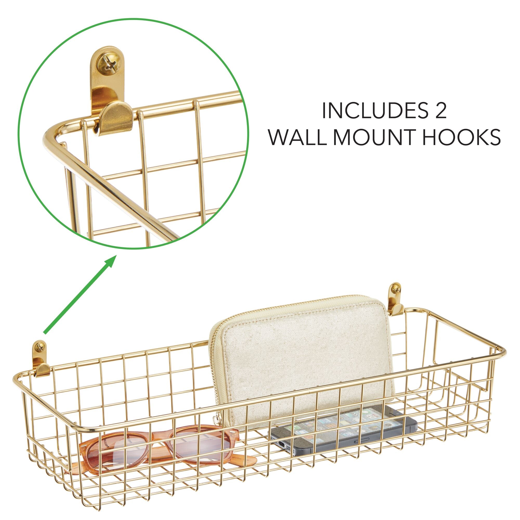 mDesign Wallmount Metal Storage Basket Tray with Handles - Decorative Organizer for Hanging in Entryway, Mudroom, Bedroom, Bathroom, Laundry Room - Small - Hooks Included - Soft Brass