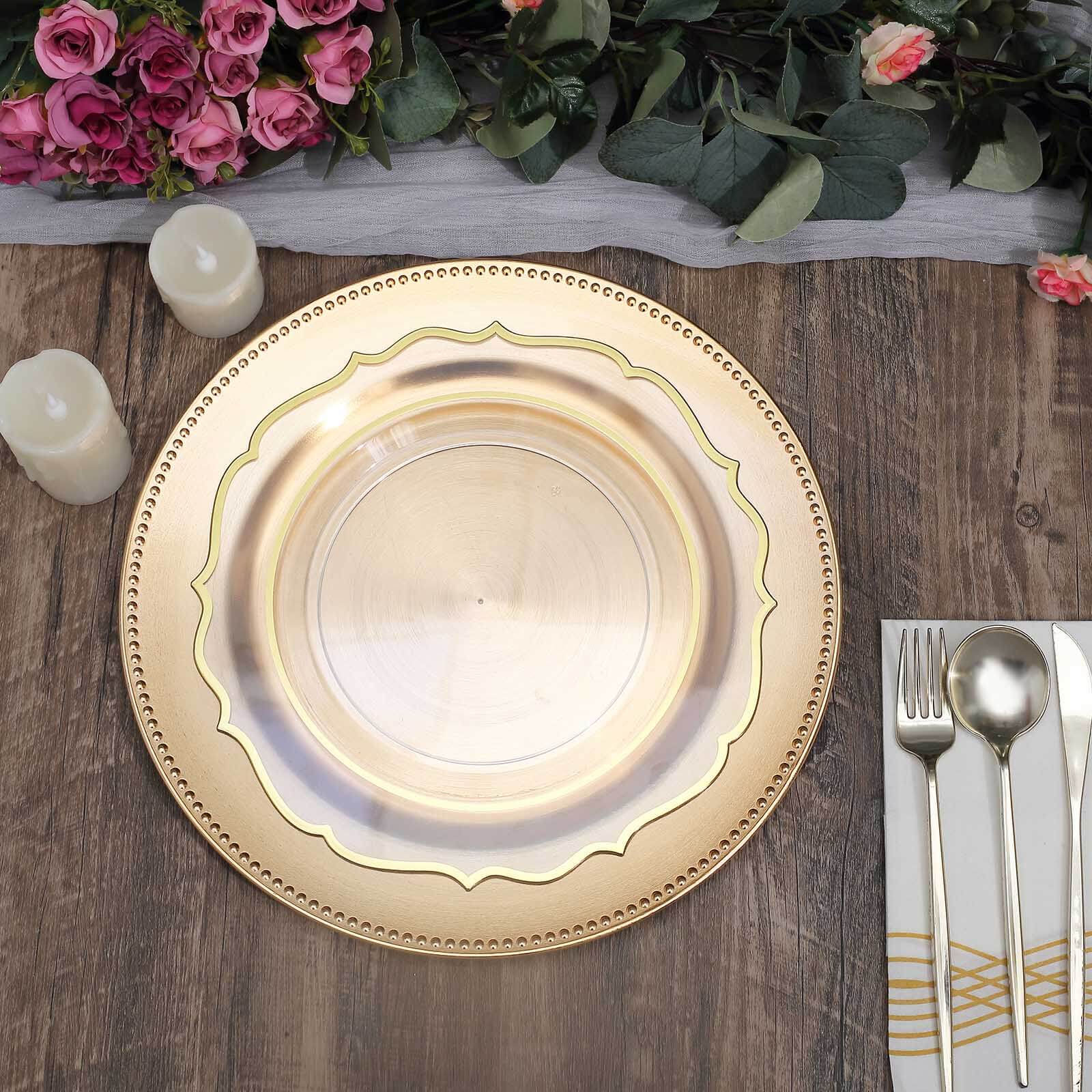 6 Pack Beaded Metallic Gold Acrylic Charger Plate, Plastic Round Dinner Charger Event Tabletop Decor 13