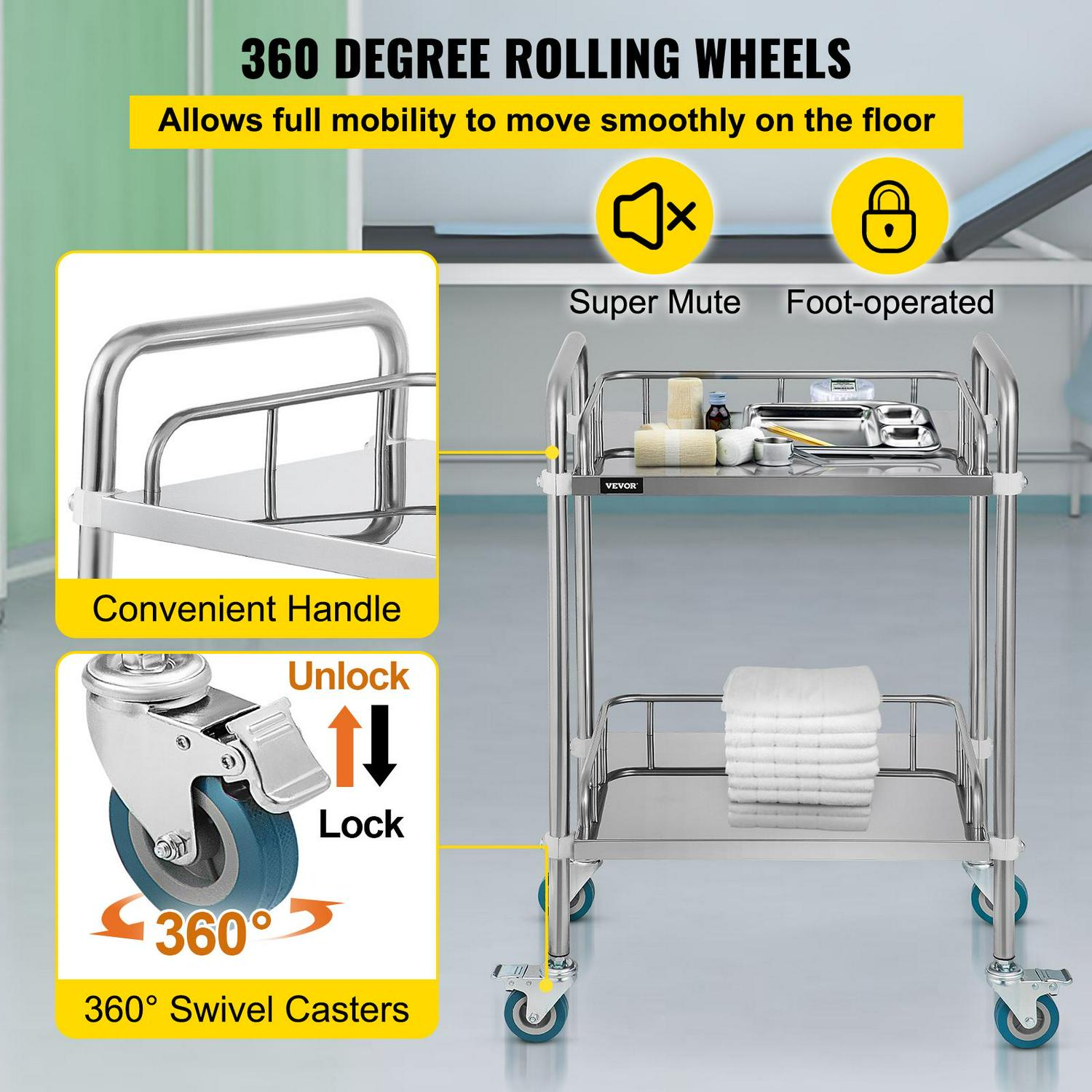 VEVORbrand 2-Shelf Lab Cart with Wheelsi 1/4 Stainless Steel Rolling Carti 1/4 Medical Dental Lab Carti 1/4 2 Lockable Wheels for Fixing