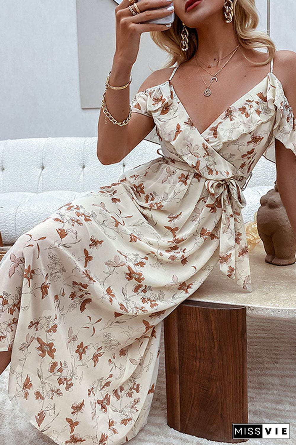 Fashion Bohemian Print Split Joint V Neck A Line Dresses