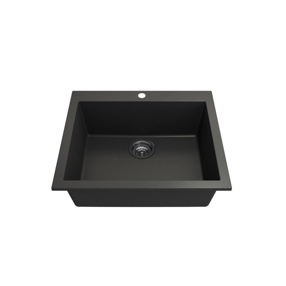 BOCCHI Campino Uno Matte Black Granite Composite 24 in. Single Bowl Drop-InUndermount Kitchen Sink with Strainer 1606-504-0126