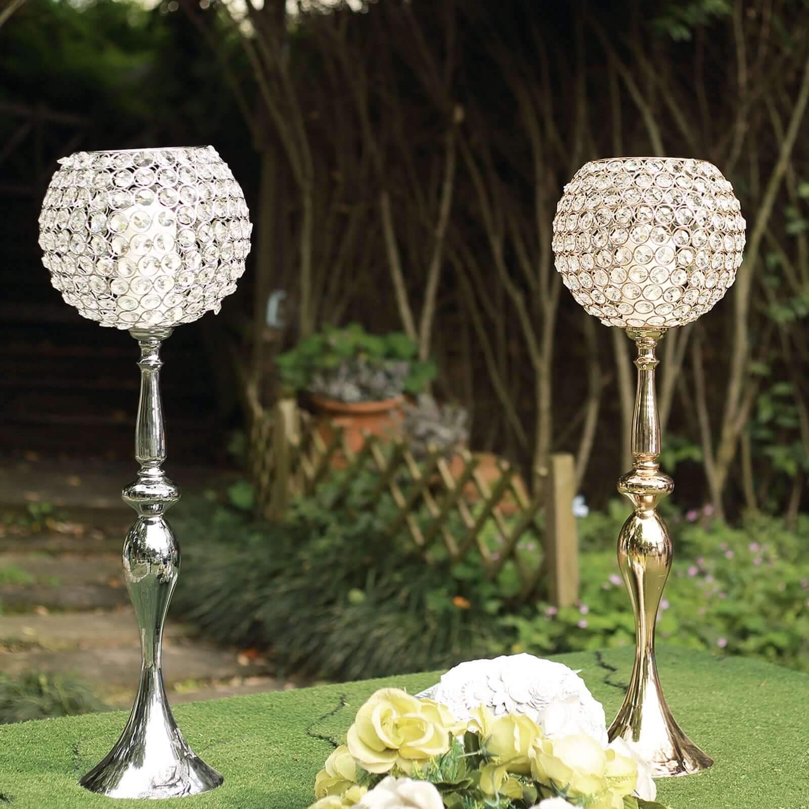 Silver Metal Acrylic Crystal Goblet Candle Holder, Flower Ball Stand 30