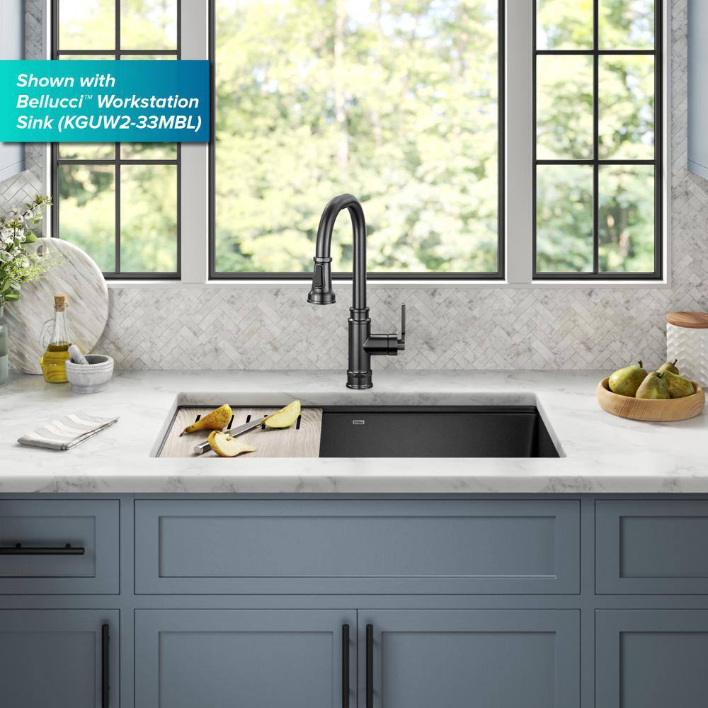 KRAUS Allyn Transitional Industrial Pull-Down Single Handle Kitchen Faucet in Spot-Free Black Stainless Steel KPF-4101SFSB