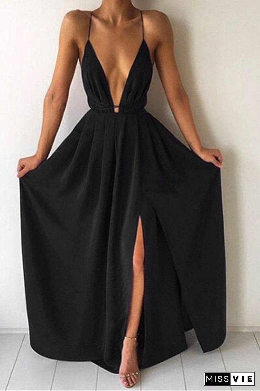 Casual Solid Split Joint V Neck Waist Skirt Dresses