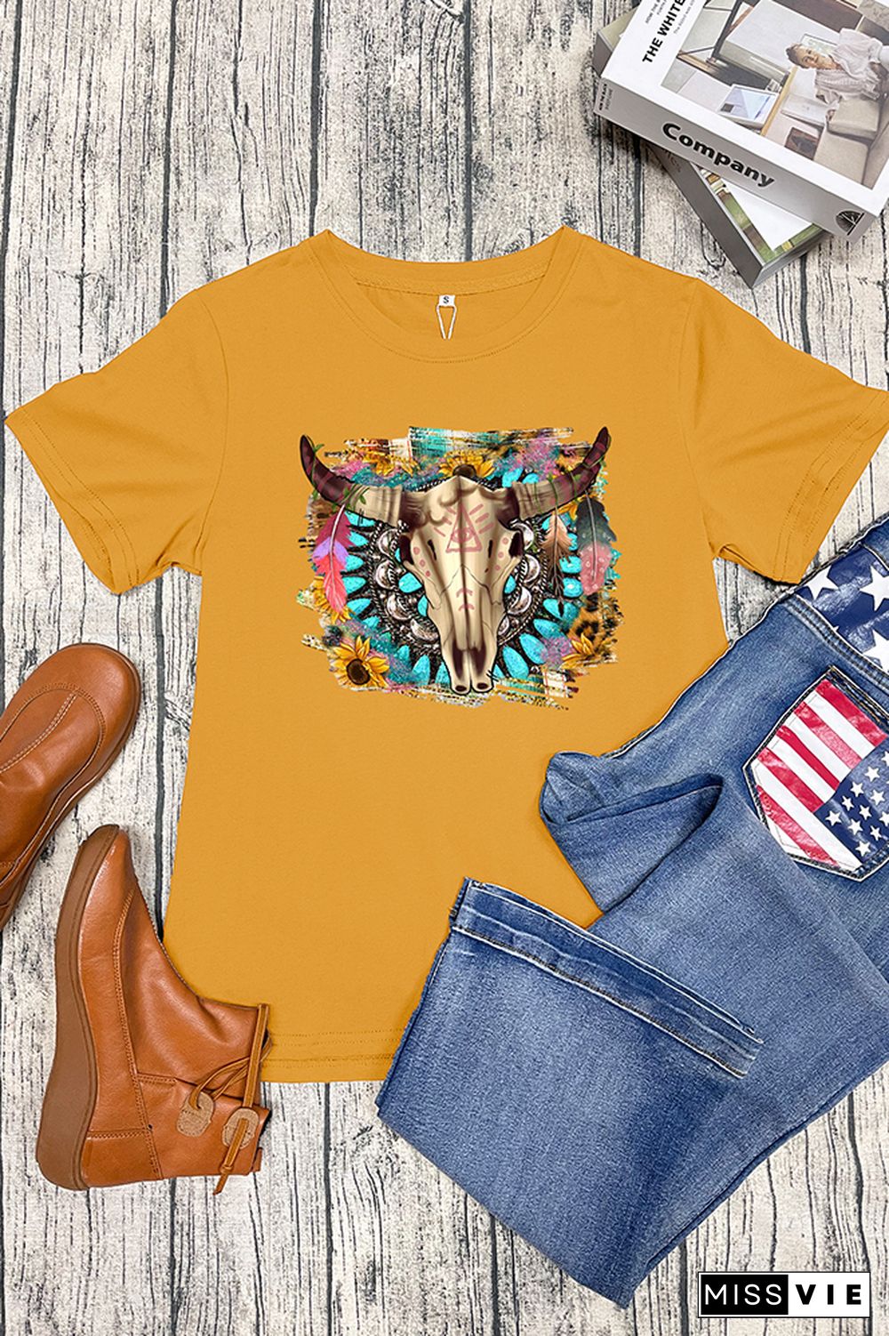 Western Boho Skull Pngturquoise And Leopard Short Sleeve Graphic Tee Wholesale