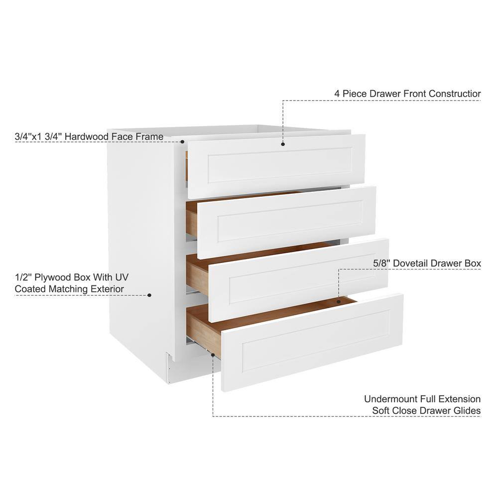 HOMEIBRO 30 in. W x 24 in. D x 34.5 in. H in Shaker White Plywood Ready to Assemble Floor Base Kitchen Cabinet with 4 Drawers HD-SW-4DB30-A