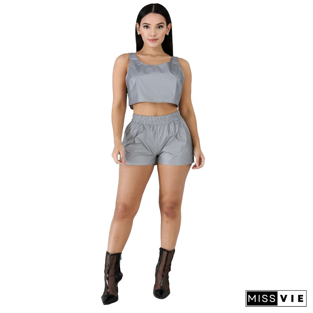 Reflective Sleeveless Crop Top Biker Shorts Sweat Suit