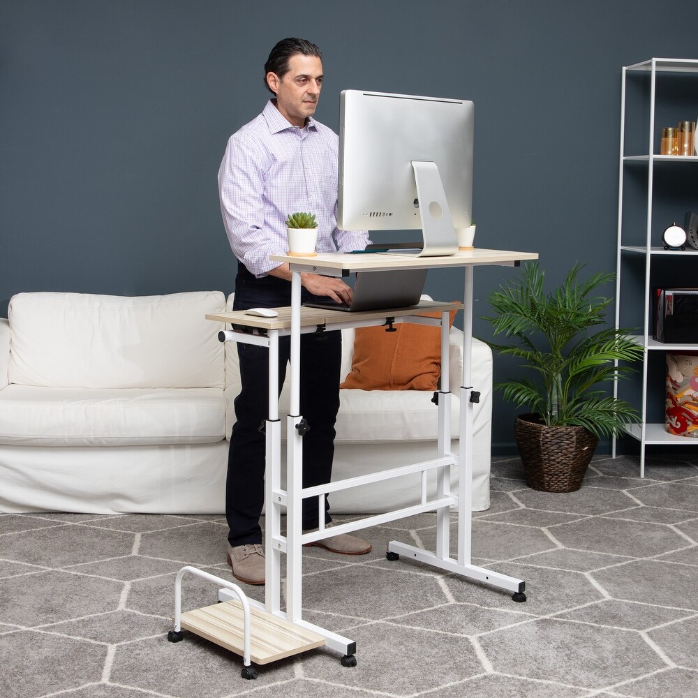 Mind Reader Woodland Collection  Mobile Sit/Stand Desk  Height Adjustable  Tiltable  Lockable Casters