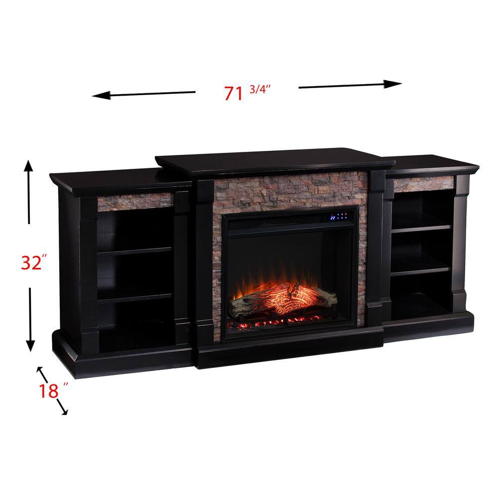 Southern Enterprises Nordena 71.75 in. Touch Panel Electric Fireplace in Satin Black with Black River Faux Stone HD053639