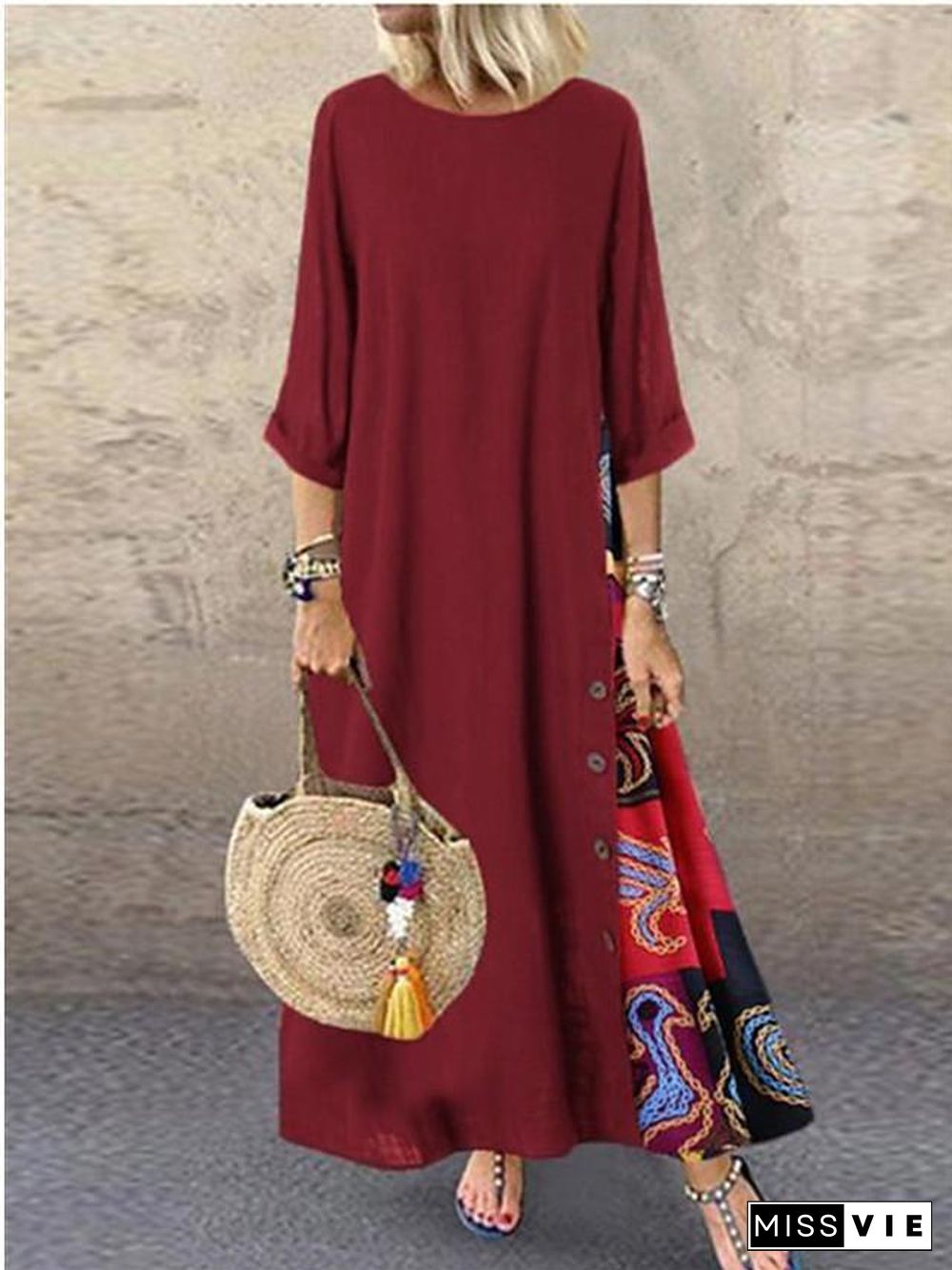 Women's Swing Dress Maxi long Dress - 3/4 Length Sleeve Print Print Spring & Summer Hot Casual Holiday vacation dresses Loose  Red Yellow Wine Army Green Navy Blue Gray L XL XXL 3XL 4XL 5XL