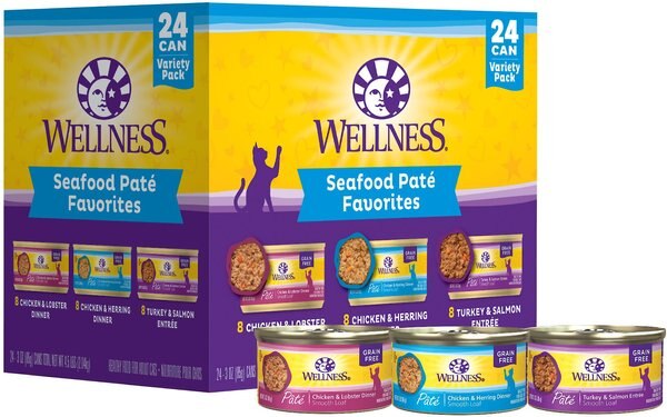 Wellness Seafood Pate Favorites Canned Cat Food， 3-oz， case of 24