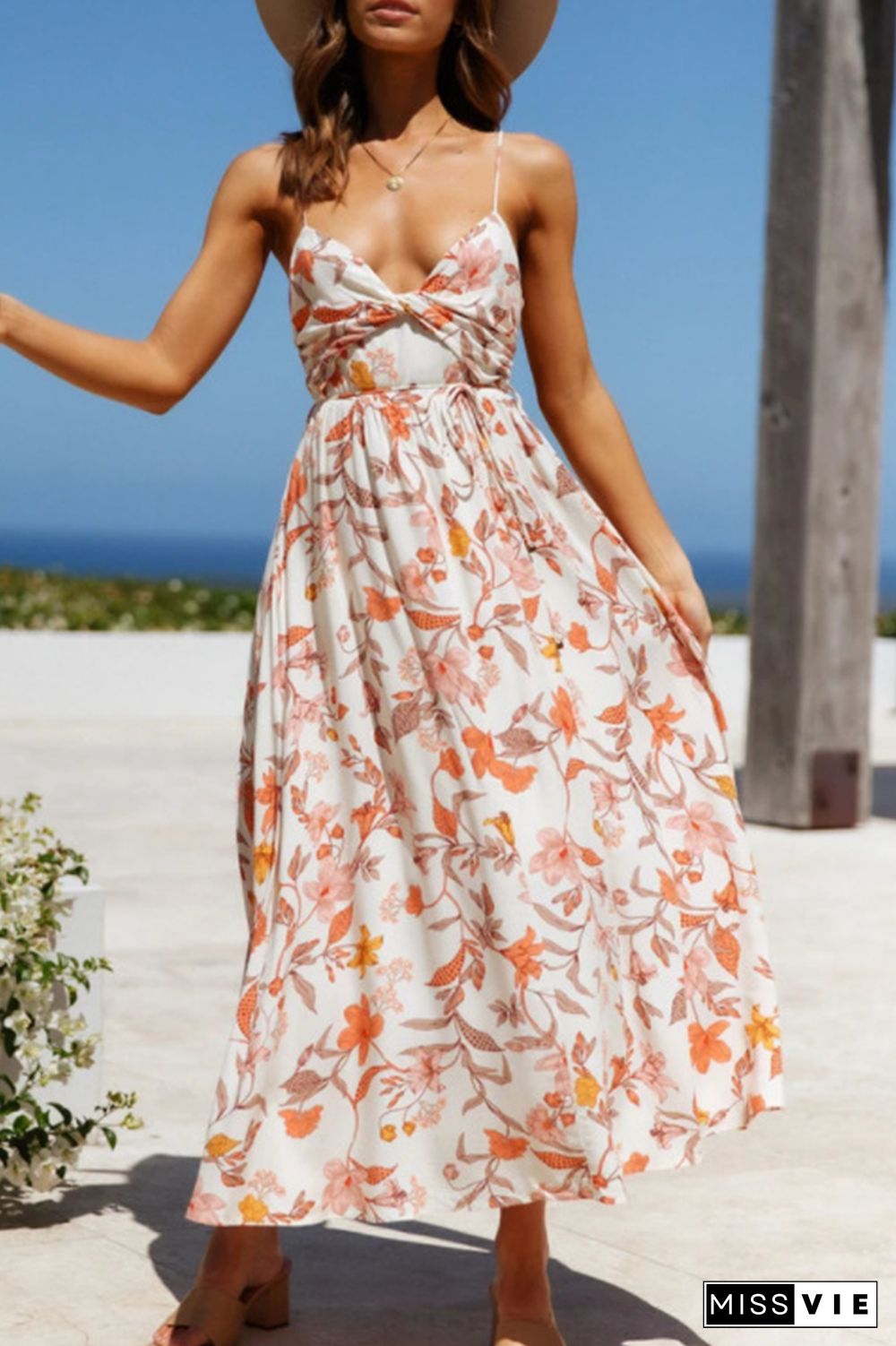 Fashion Elegant Floral Split Joint V Neck A Line Dresses