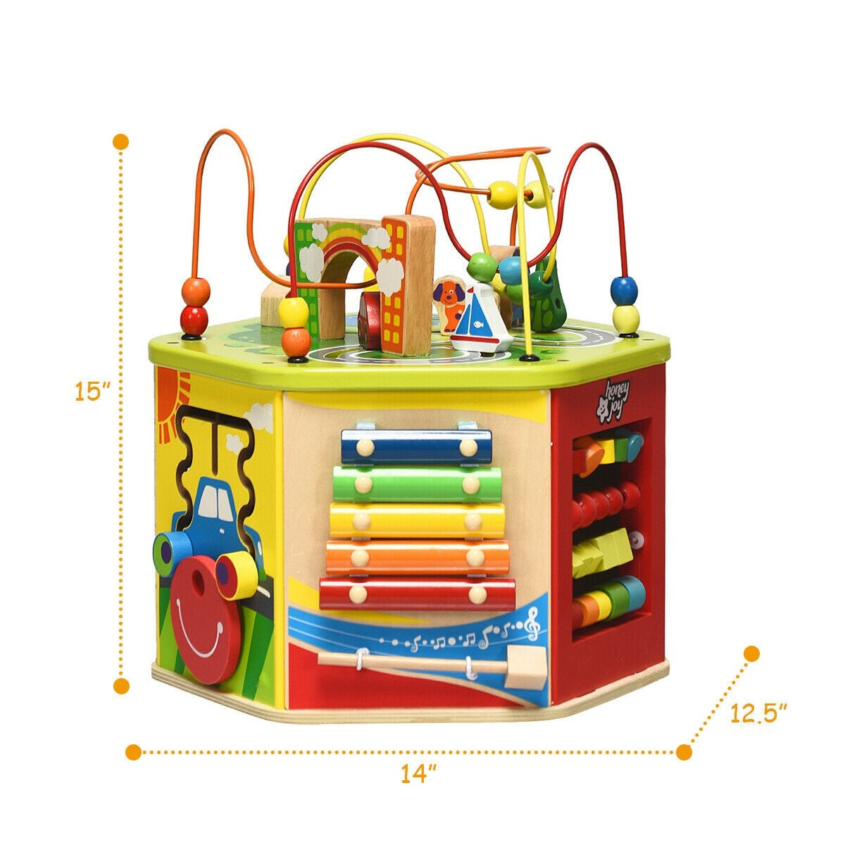 Costzon Wooden Activity Play Cube, 7 Sided Activity Center w/ Rotating Base, Bead Mazes