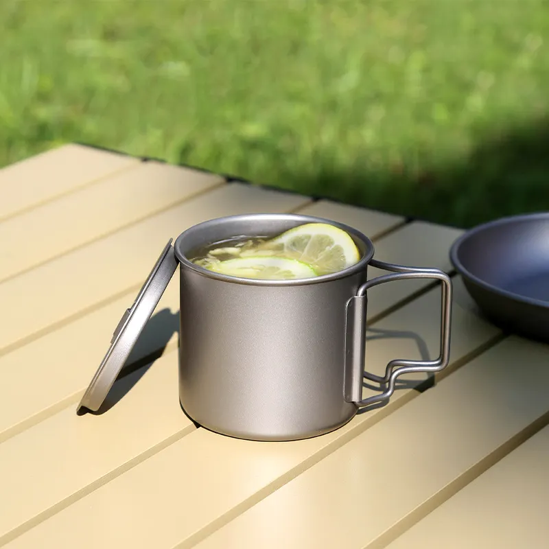 High quality Titanium Cup Camping Mug Foldable Handle Titanium Pot With Lid Single Wall Mug 350ml Cover Holder