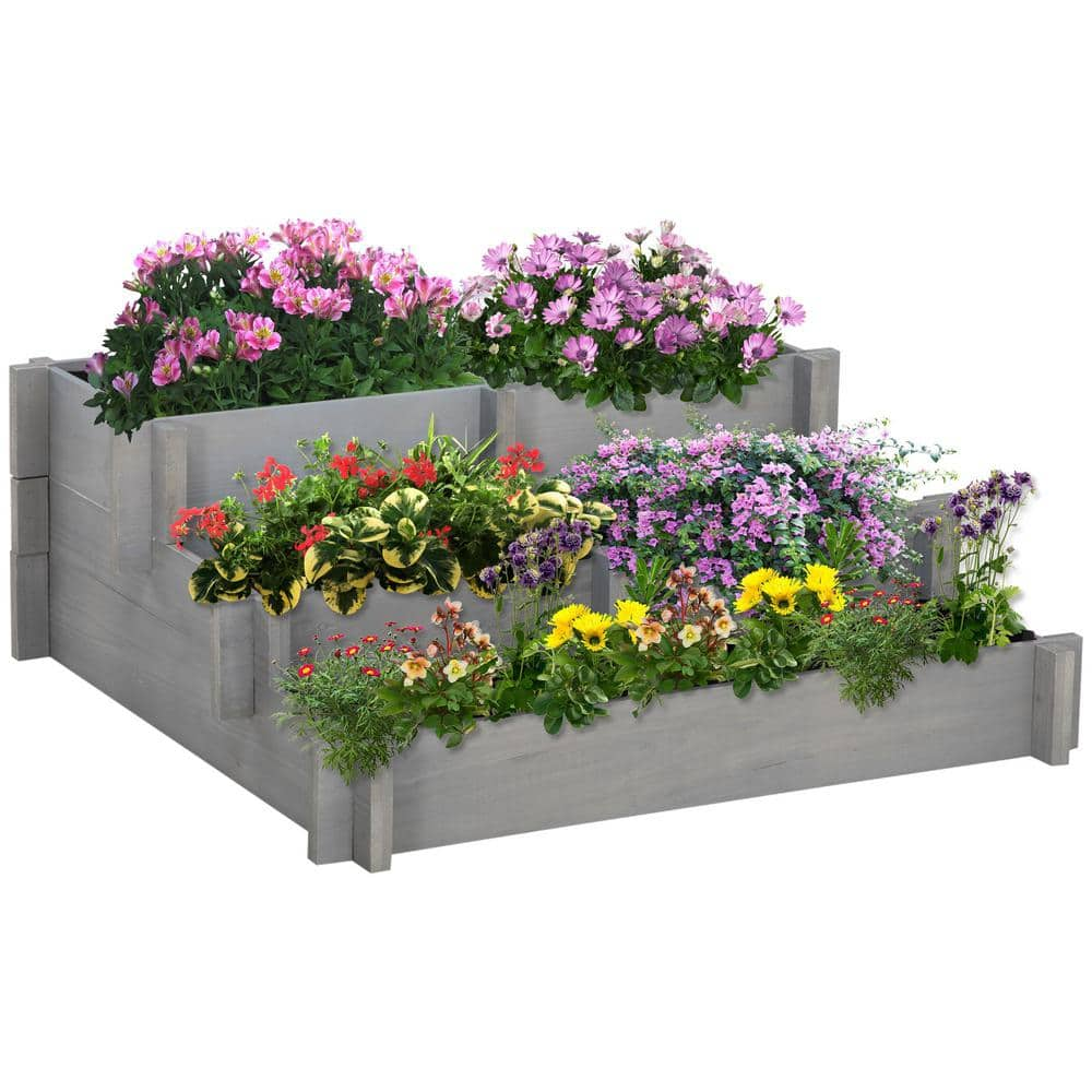 Outsunny 3-Tier Raised Garden Bed for Vegetables， Herbs， Outdoor Plants， Gray 845-639V00GY