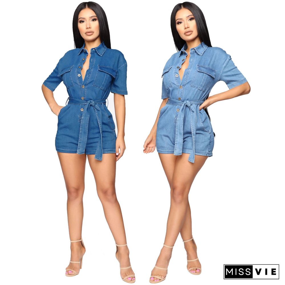 Short Sleeve Button Down Denim Rompers with Belt