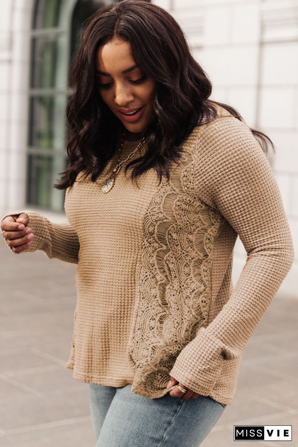 Khaki Plus Size Lace Waffle Knit Top