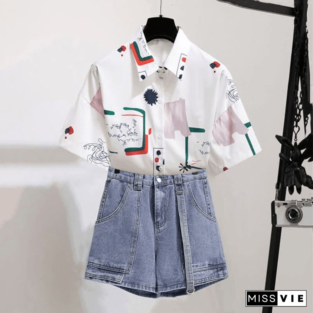 Vintage Print Loose Laple T-Shirt Pocketed Denim Shorts