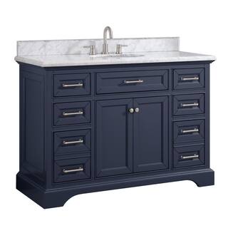 Home Decorators Collection Windlowe 49 in. W x 22 in. D x 35 in. H Freestanding Bath Vanity in Navy Blue with Carrara White Marble Marble Top 15101-VS49C-NB