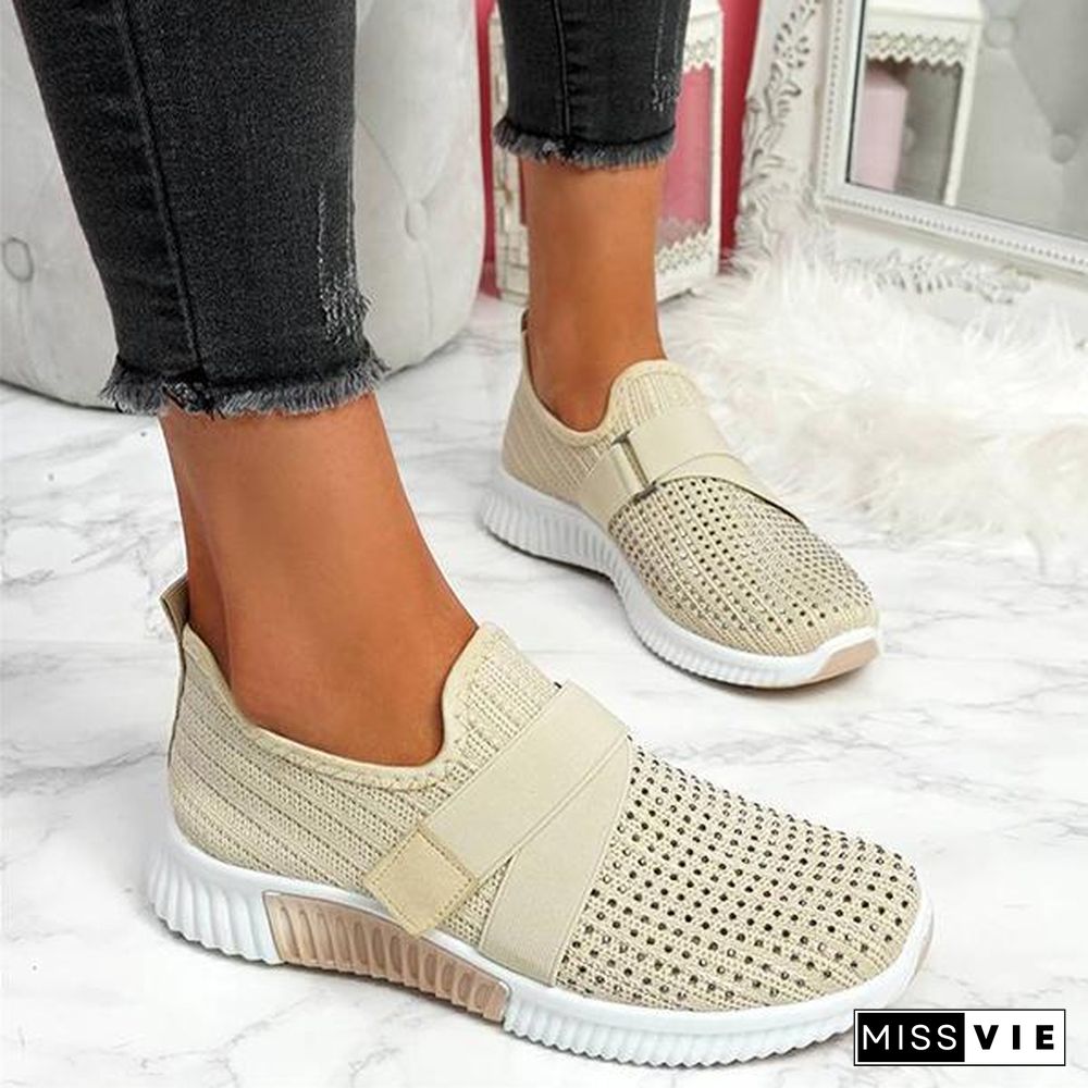 Women Fashion Bling Rhinestones Flyknit Fabric Slip On Breathable Platform Sneakers