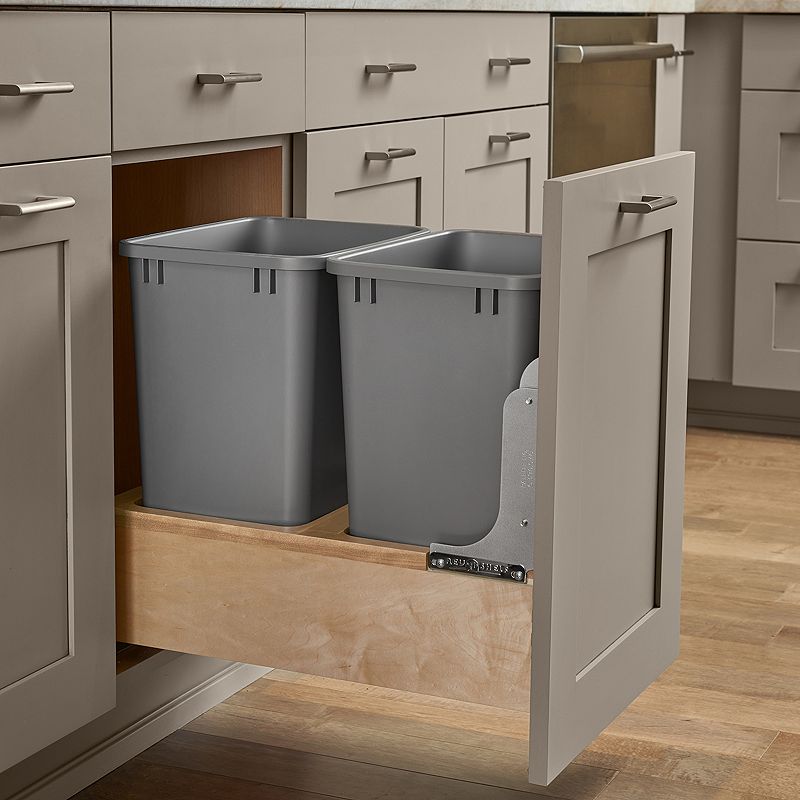 Rev-A-Shelf Double Pull Out Bottom Mount Trash Can 35 Qt， Gray， 4WCBM-18DM-2