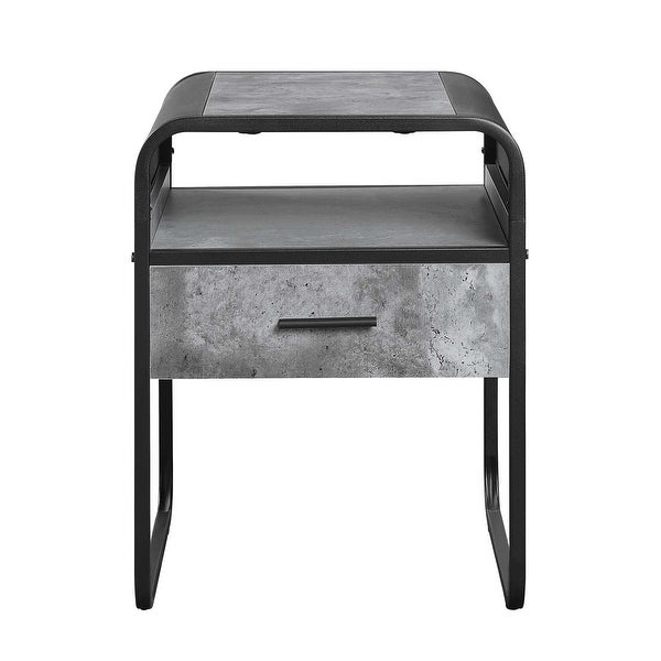 1 Open Shelf and 1 Drawer Square End Table with Metal Frame in Concrete Gray and Black