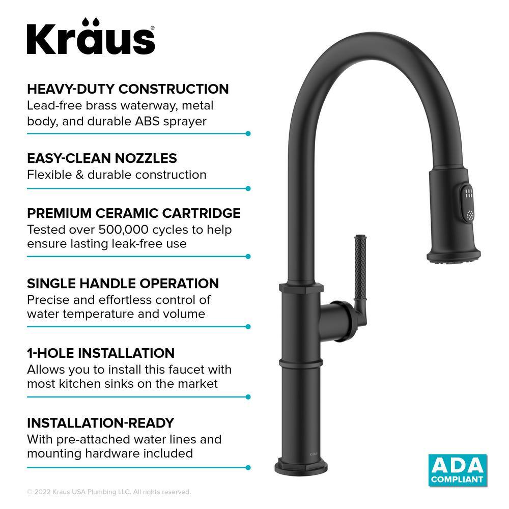 KRAUS Sellette Traditional Industrial Pull-Down Single Handle Kitchen Faucet in Matte Black KPF-4100MB