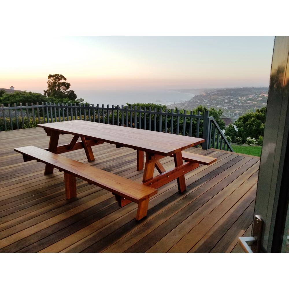 Outdoor 1905 Super Deck Finished 8 ft. Redwood Picnic Table with Attached Benches PTACHBB-8SC1905