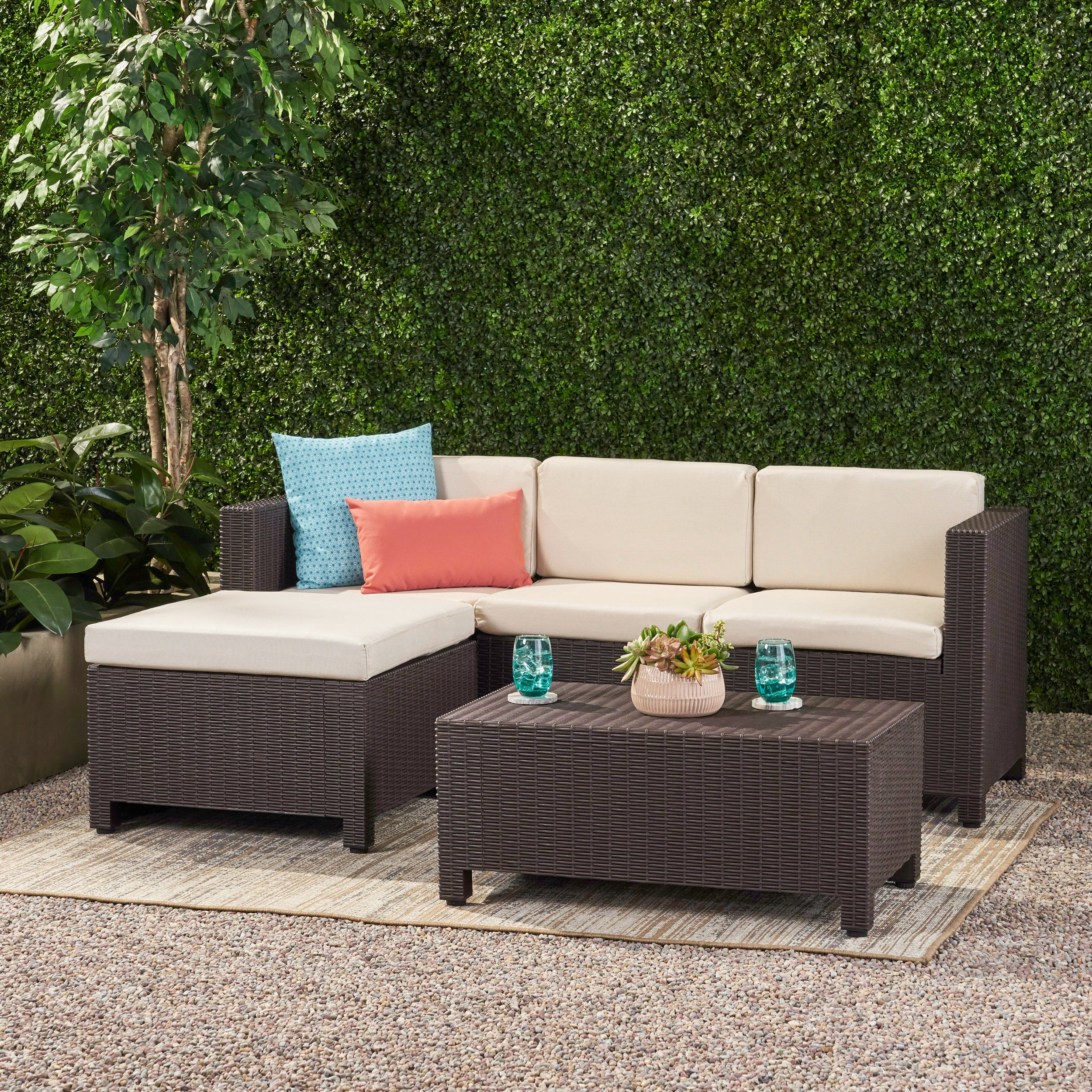 Russel Outdoor Injection Molded Small Space 3 Seater L Shaped Sectional, Dark Brown and Beige