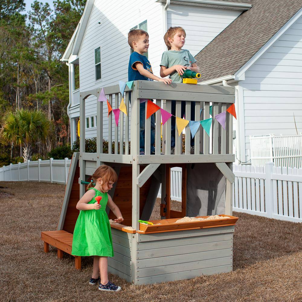 Funphix Lookout Post Outdoor Wooden Playhouse Buildable Kids Backyard Playset with Climbing Ramp WPHX-2202