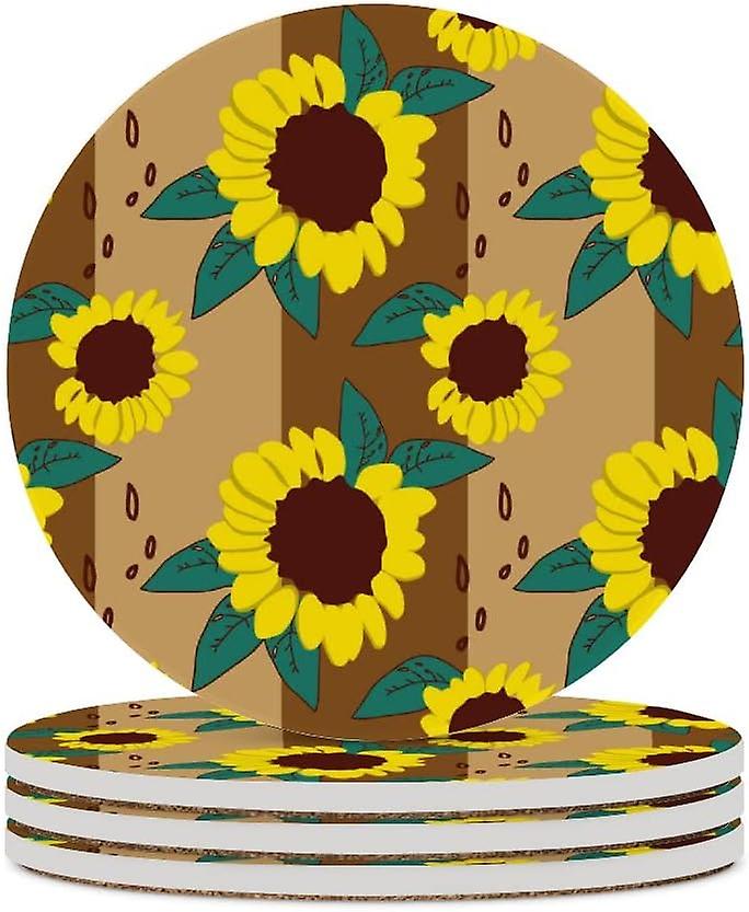 4pcs Round Retro Sunflower Pattern Ceramic Coasters With Cork-backed For Coffee Drink Cup Mat Absorbent Stone Coasters