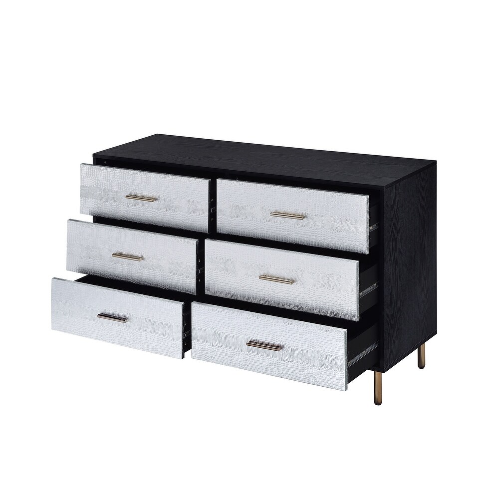 Contemporary Style 6 drawer Dresser  Metal Legs  Faux Crocodile Skin Pattern  2/3 Extension Drawer  Side Metal Glide Drawer