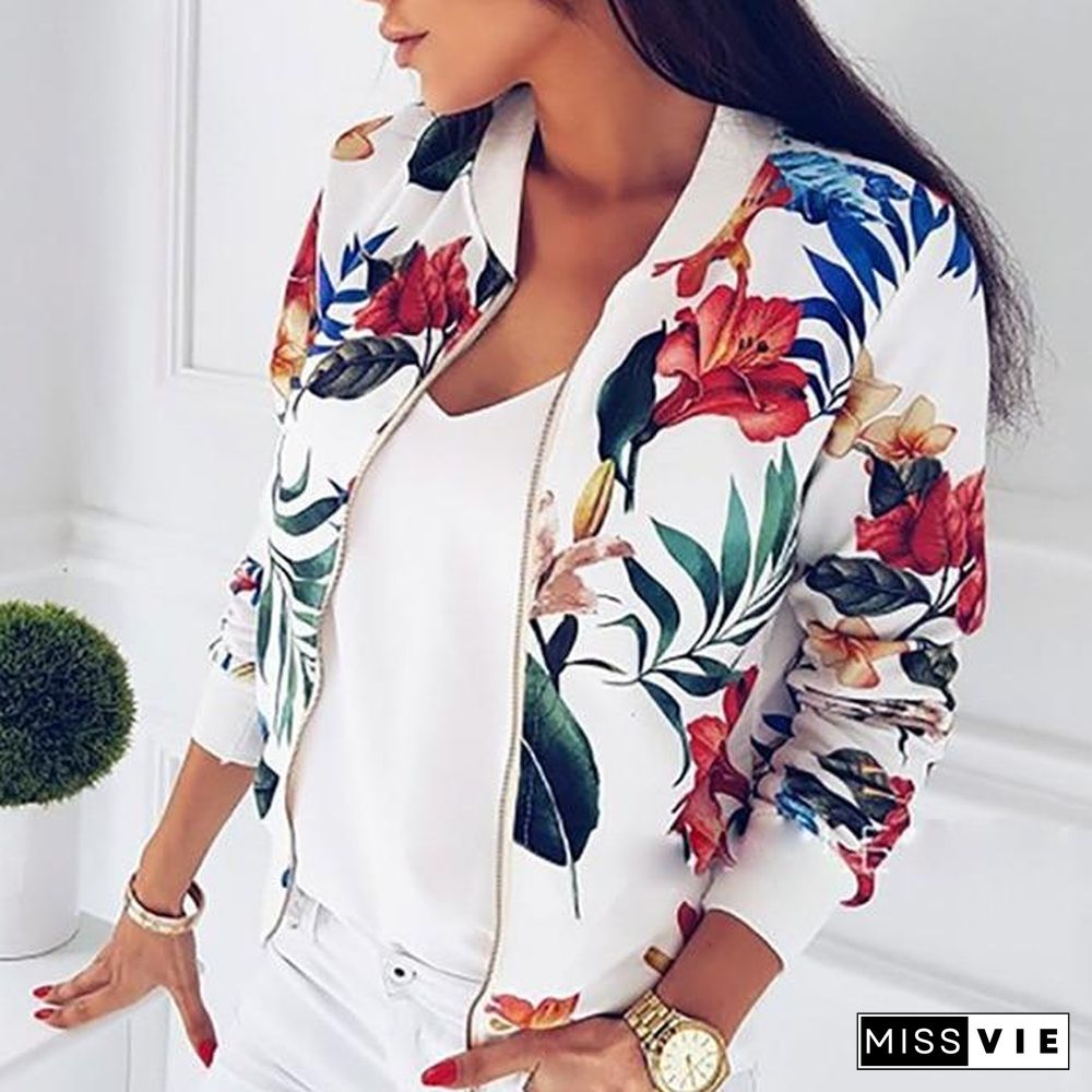 Women Coat Retro Floral Print Zipper Up Jacket Casual Coat Long Sleeve Outwear Women Basic Jacket Bomber