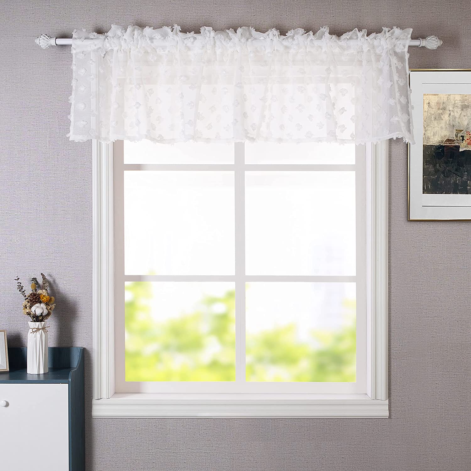 DriftAway Olivia White Voile Chiffon Sheer Window Curtain Valance for Small Window Kitchen Embroidered Pom Pom Single Rod Pocket 106 Inch by 18 Inch Plus 2 Inch Header Off White