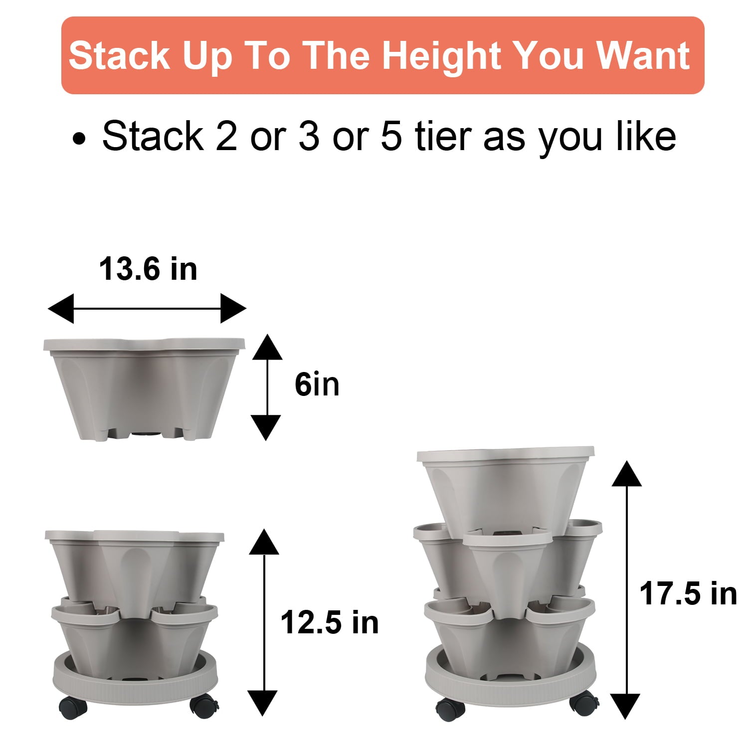 Stackable Planters 4 Tier Vertical Tower Garden Planters Strawberry, Herb, Flower, and Vegetable Planter Indoor Outdoor Gardening Pots with Removable Wheels and Tools-Gray