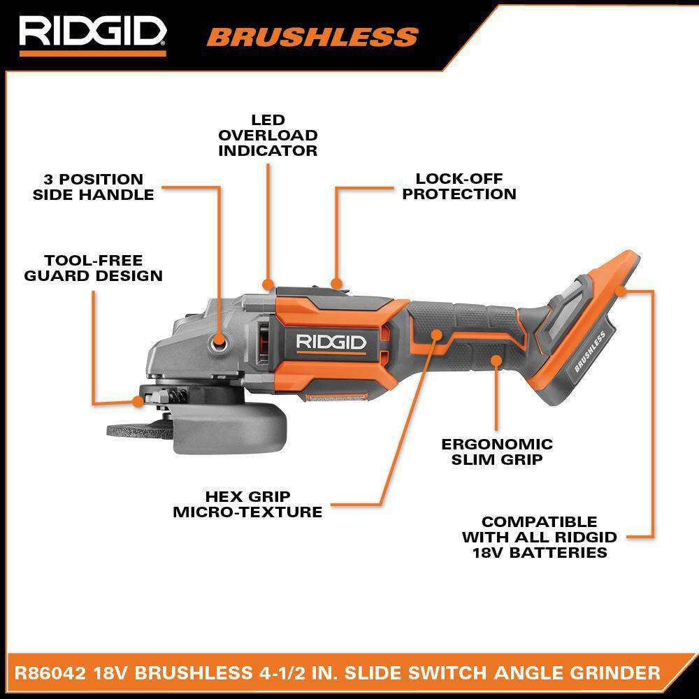 RIDGID 18V Brushless Cordless 4-12 in. Slide Switch Angle Grinder (Tool Only) R86042B