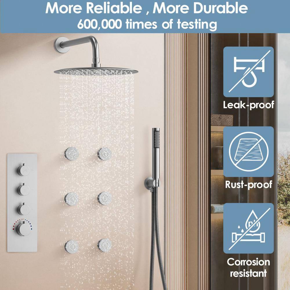 GRANDJOY Luxury Thermostatic 7-Spray Wall Mount 12 in. Fixed and Handheld Shower Head 2.5 GPM in Brushed Nickel 125 SRM6379NI-12BL