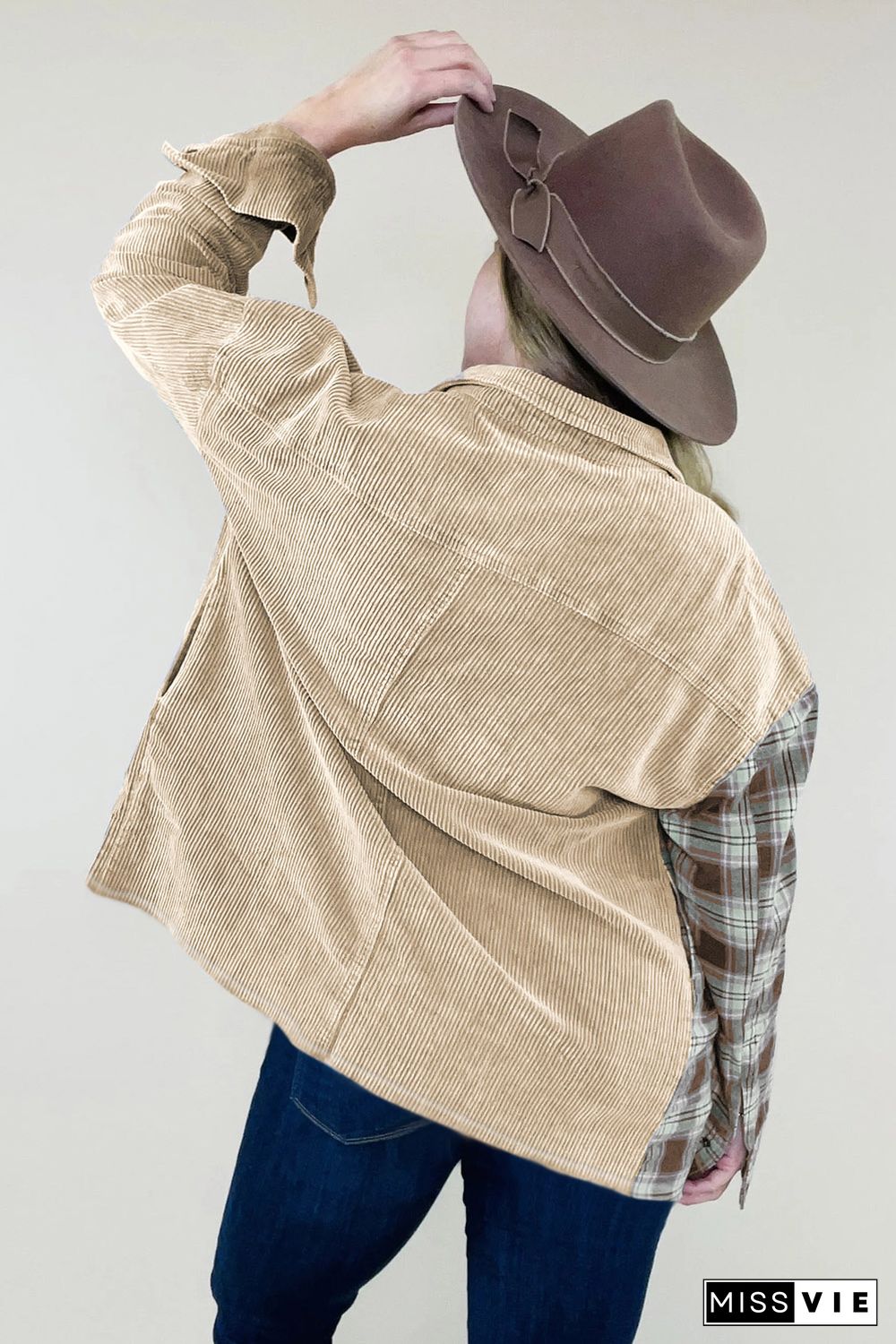 Khaki Plus Size Washed Cord Plaid Shirt