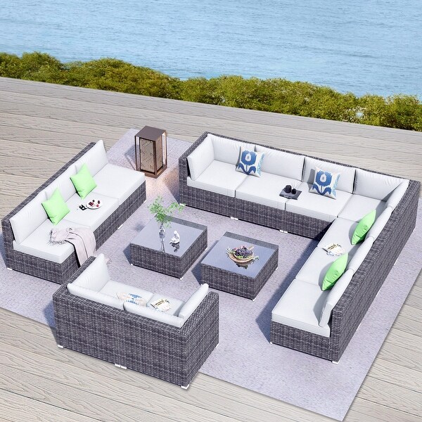 OVIOS 14piece Deep Seat Wicker Conversation Sectional Set with Glasstop Table