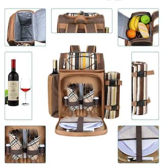 12 in. Blasting Brown Picnic Backpack-2 Insulation Cooler Wine Rack Wool Blanket B08MPY2VB2