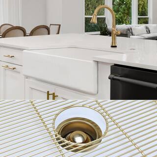 Fossil Blu Luxury White Solid Fireclay 36 in. Single Bowl Farmhouse Apron Kitchen Sink with Matte Gold Accs and Flat Front WHS1008BB