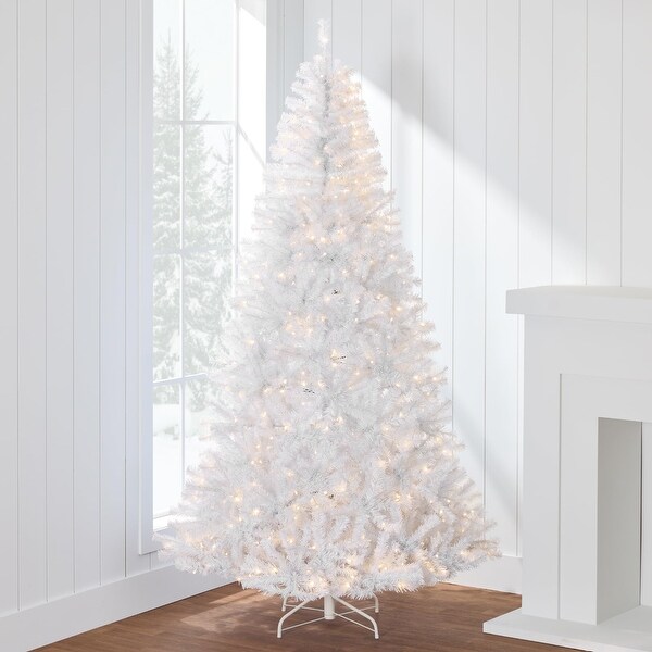 White Christmas Tree 7.5ft PreLit Artificial Pine Tree Premium Holiday Decoration w/Warm White Lights，Stand，Easy Assembly