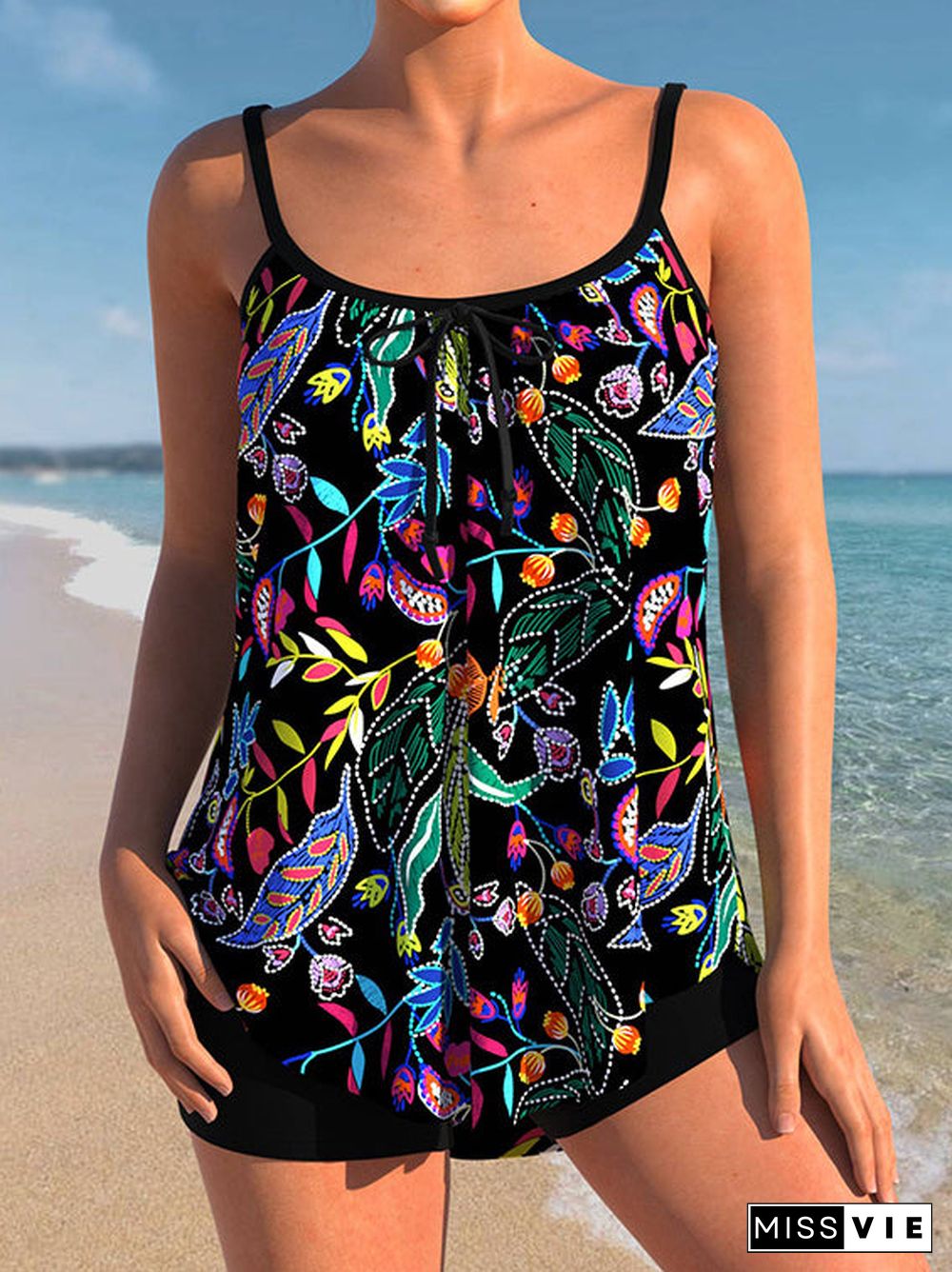 Floral Printed Striped Geometric Tankini Set