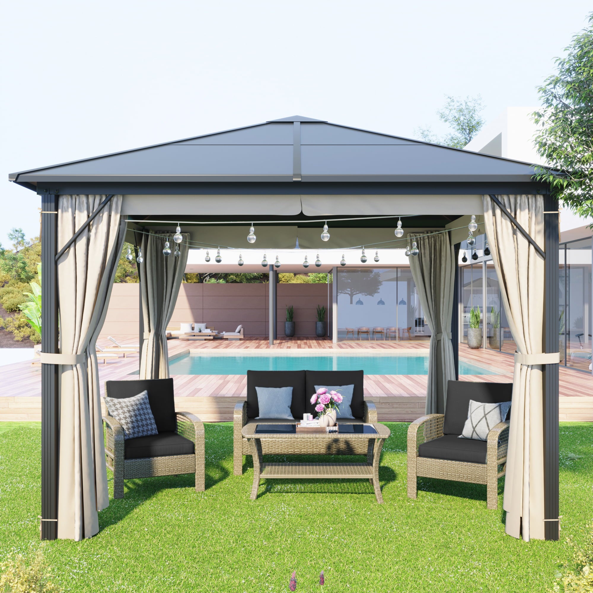 9.8 x 9.8 Ft Hardtop Gazebo with Sidewalls, Metal Top Gazebo with Aluminum Frame, Pergolas with Netting and Curtains, Outdoor Permanent Pavilion for Patio Deck Backyard Garden Lawns