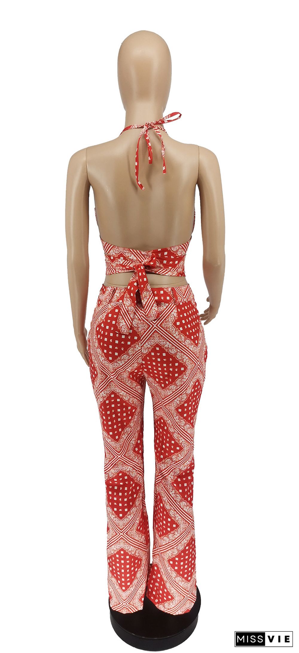 Summer Print Bandage Halter Bra Tops Pants 2 Piece Sets