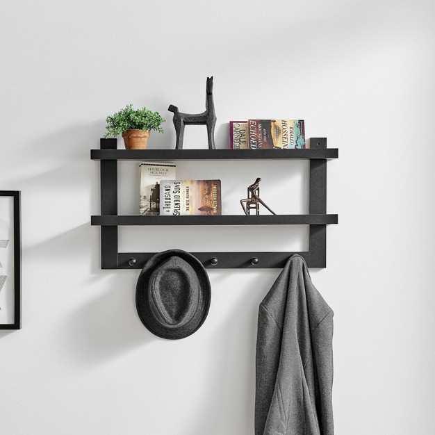 X 16 quot 2 tier Ledge Wall Shelf Organizer With Five Hanging Hooks Black Danya B