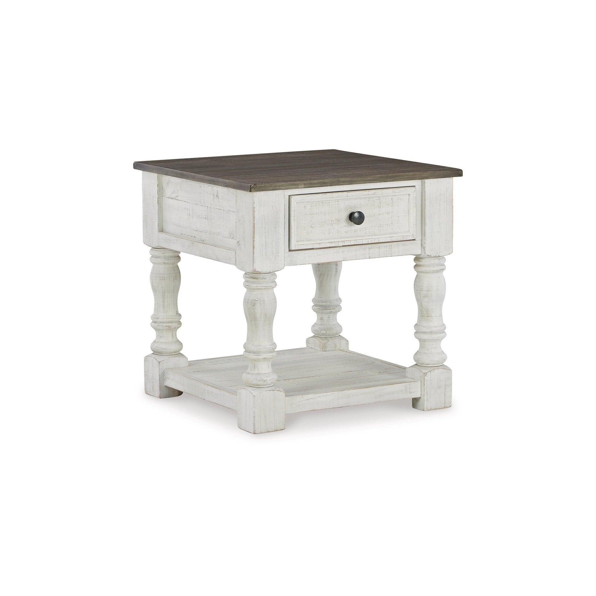 Tex 25 Inch Square Side End Table， Gray Plank Style Surface， White Base