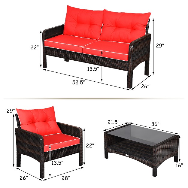 Costway 4pcs Patio Rattan Furniture Set Loveseat Sofa Coffee Table Garden W red Cushion